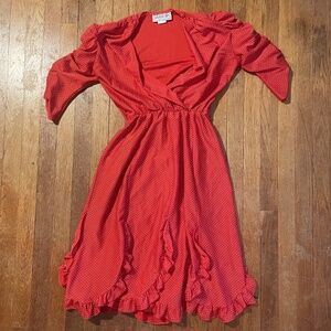 David Robin - Vintage 1970s - Ruffled red and white polka dot midi swing dress